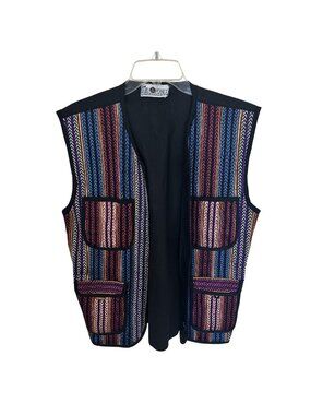 Vtg Womens Multicolor Striped Vest Front Pockets Daily Planet Zip Up Cotton